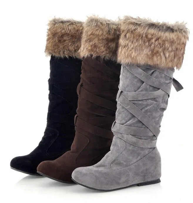 Fashion Increased  Fur Cross Strap High Snow Boots