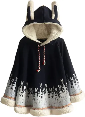 Flygo Women Girl's Cute Fleece Lined Hooded Cape Poncho Cloak Coat Animal Printed