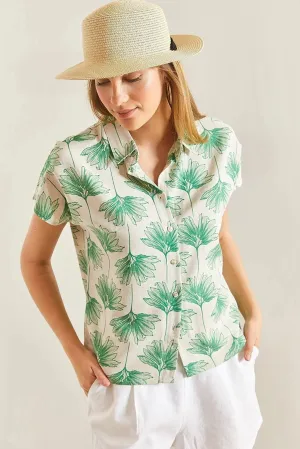 Green Gingko Print Linen Blouse