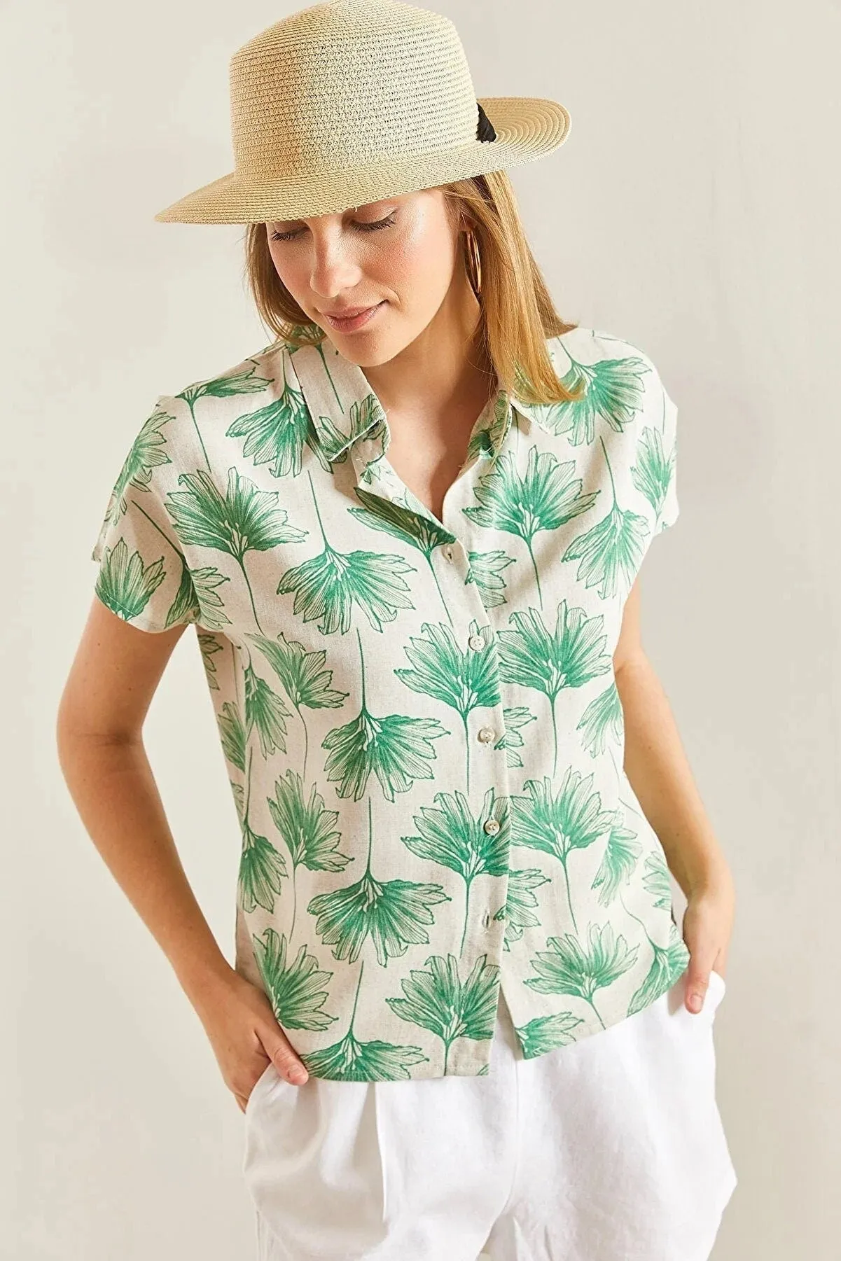 Green Gingko Print Linen Blouse