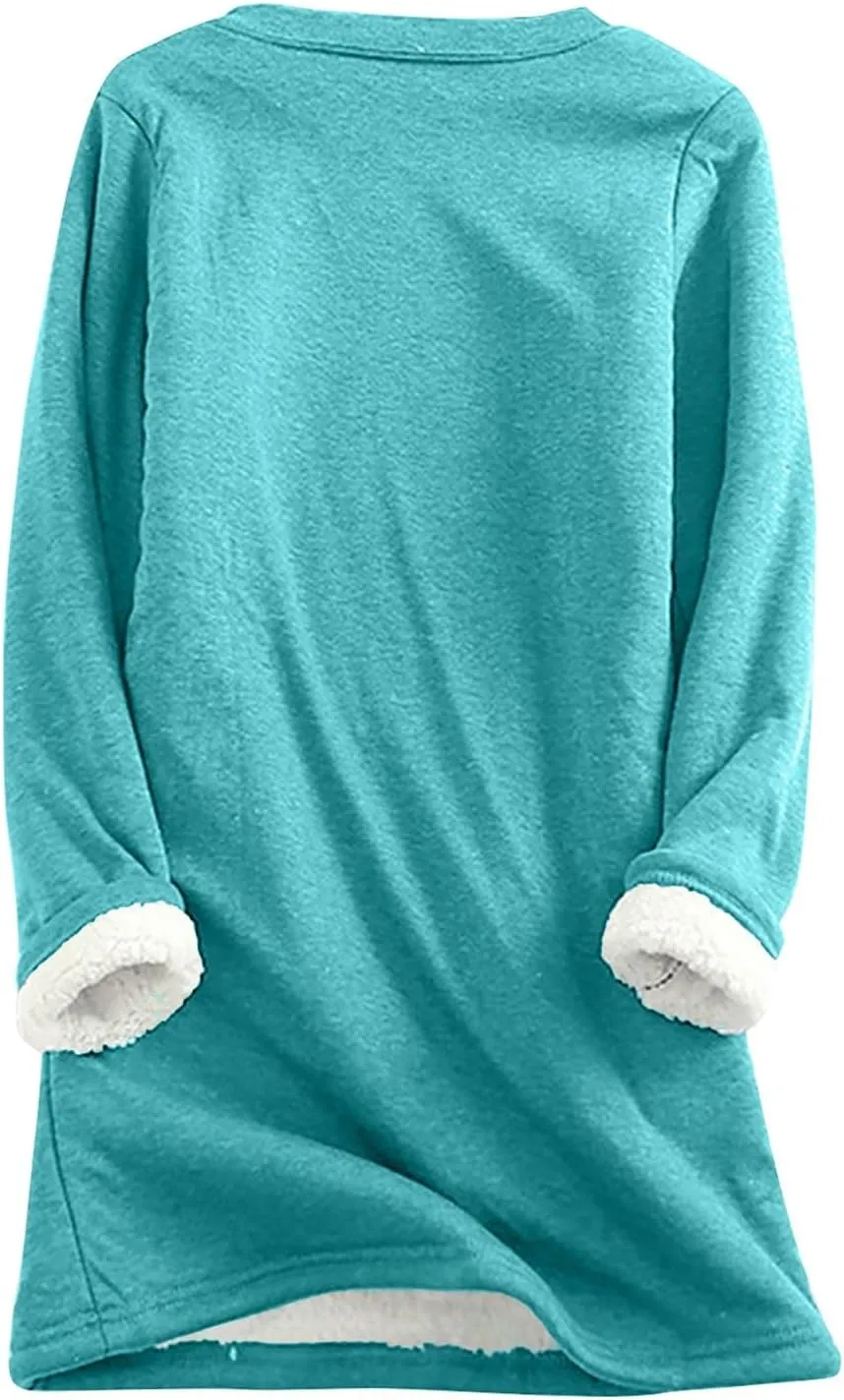 HXHYQKP Fleece Lined Sweatshirt Women's Sherpa Lined Sweatshirt Winter Warm Fleece Crewneck Pullover Loungewear