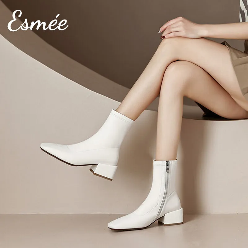 Leather Ankle Boots with 5 cm Block Heels