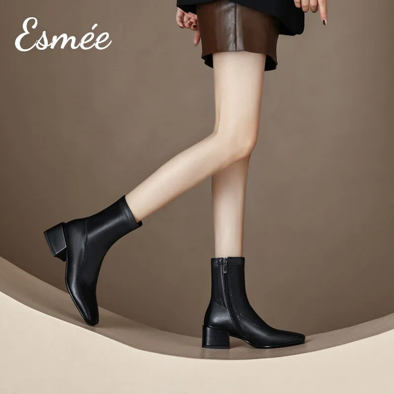Leather Ankle Boots with 5 cm Block Heels