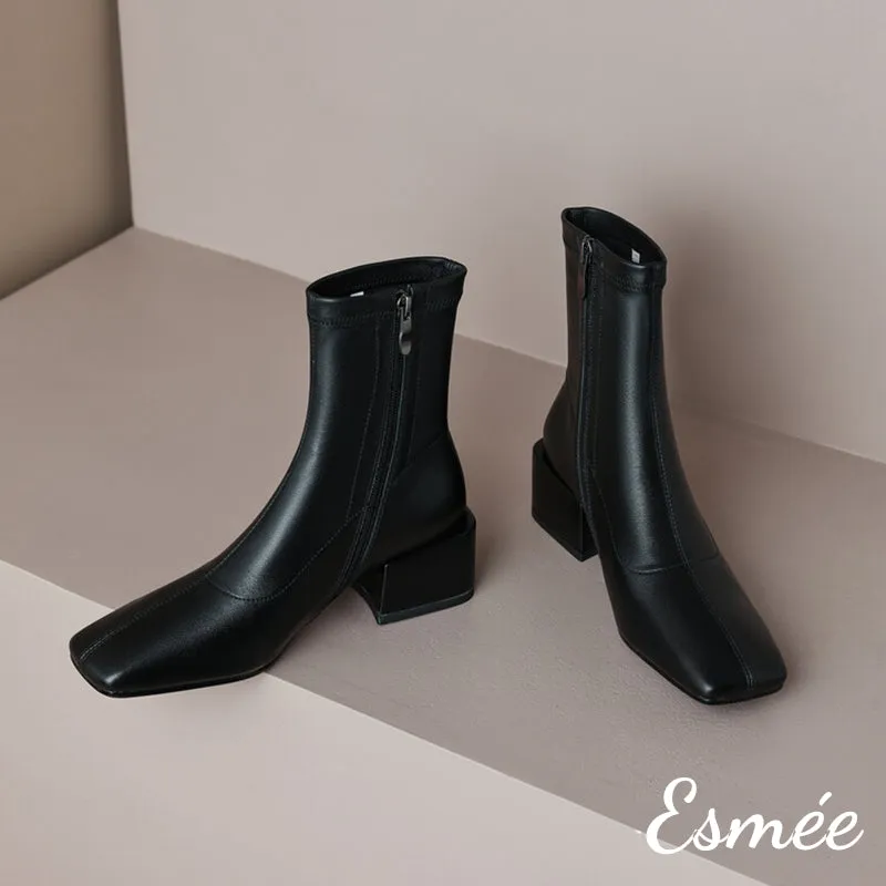Leather Ankle Boots with 5 cm Block Heels