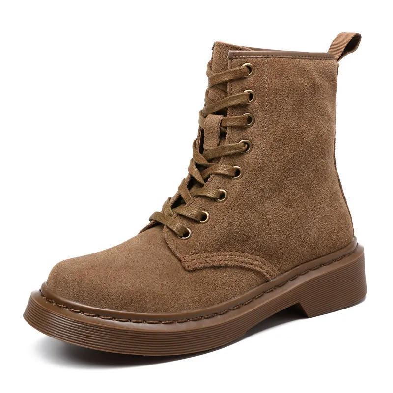 Leather Chunky Heel Round Toe Lace-Up Ankle Boots
