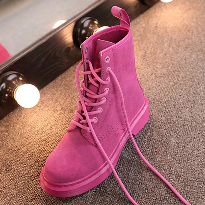 Leather Chunky Heel Round Toe Lace-Up Ankle Boots