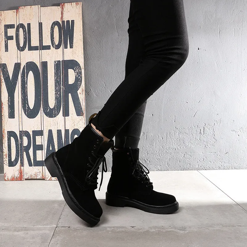 Leather Chunky Heel Round Toe Lace-Up Ankle Boots