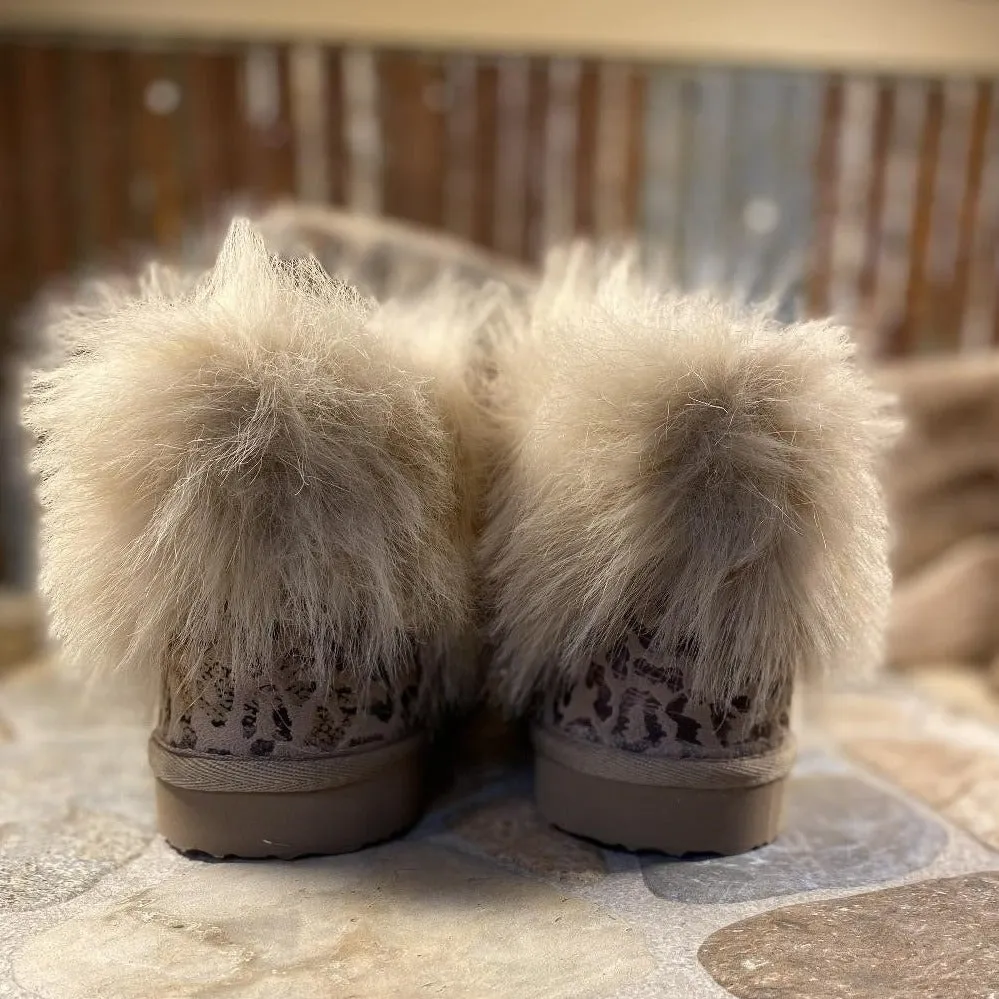 Leopard Frost Taupe Shimmer Cozy Booties