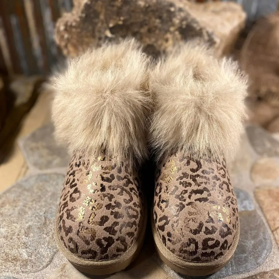 Leopard Frost Taupe Shimmer Cozy Booties