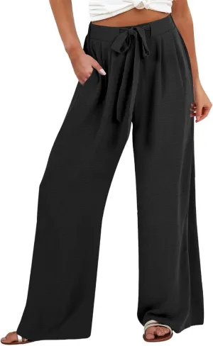 Linen Pants Women Wide Leg High Waist Casual Loose Pants Summer Beach Palazzo Flowly Drawstring Trousers with Pockets