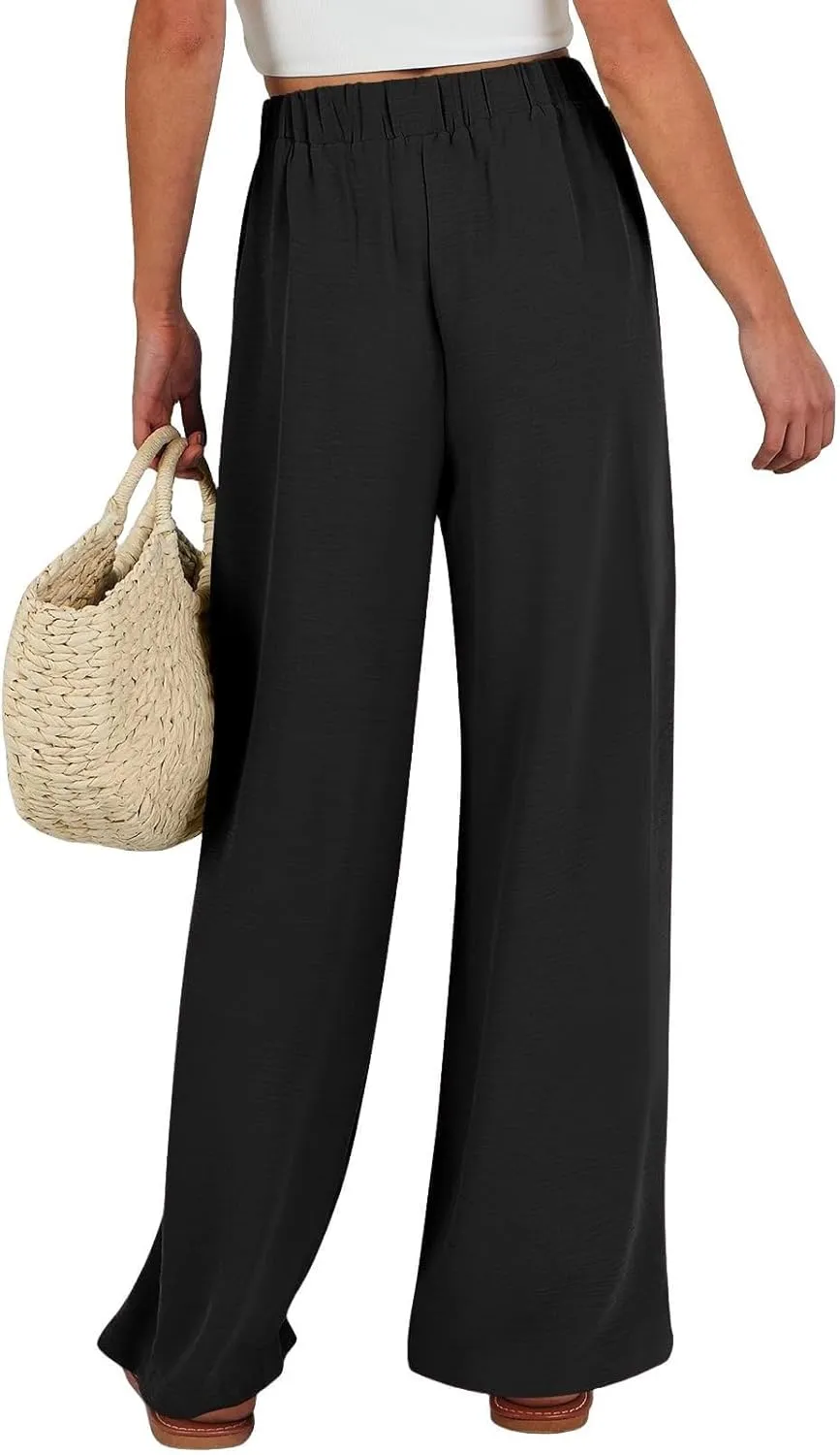 Linen Pants Women Wide Leg High Waist Casual Loose Pants Summer Beach Palazzo Flowly Drawstring Trousers with Pockets