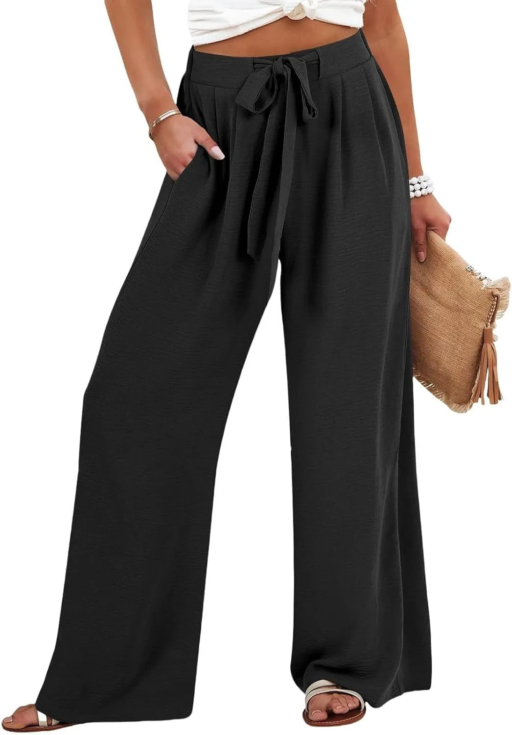 Linen Pants Women Wide Leg High Waist Casual Loose Pants Summer Beach Palazzo Flowly Drawstring Trousers with Pockets