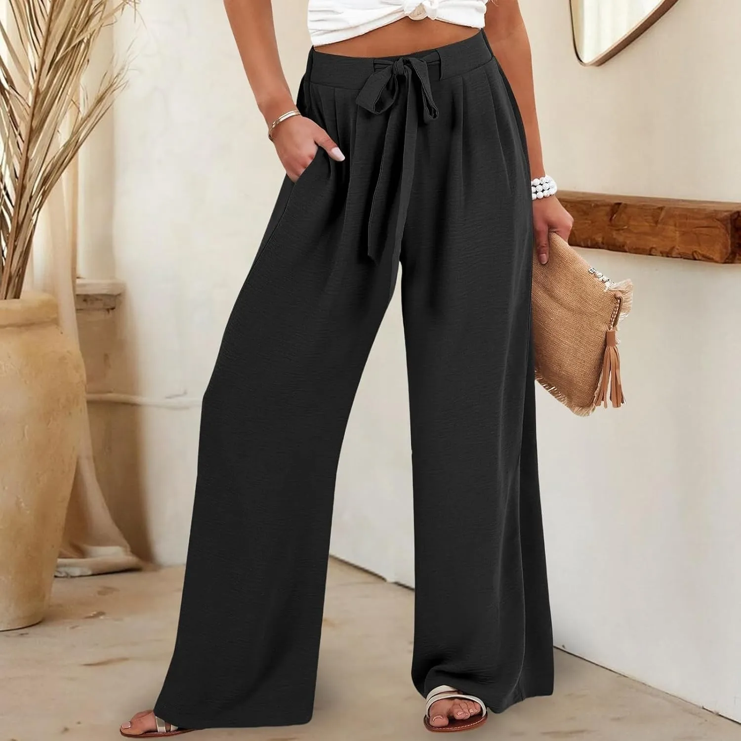 Linen Pants Women Wide Leg High Waist Casual Loose Pants Summer Beach Palazzo Flowly Drawstring Trousers with Pockets