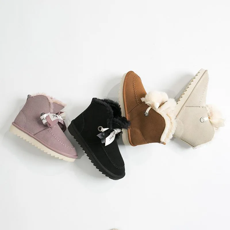 Women Warm Fur Lined Suede Ankle Snow Boots Flat Heel Shoes