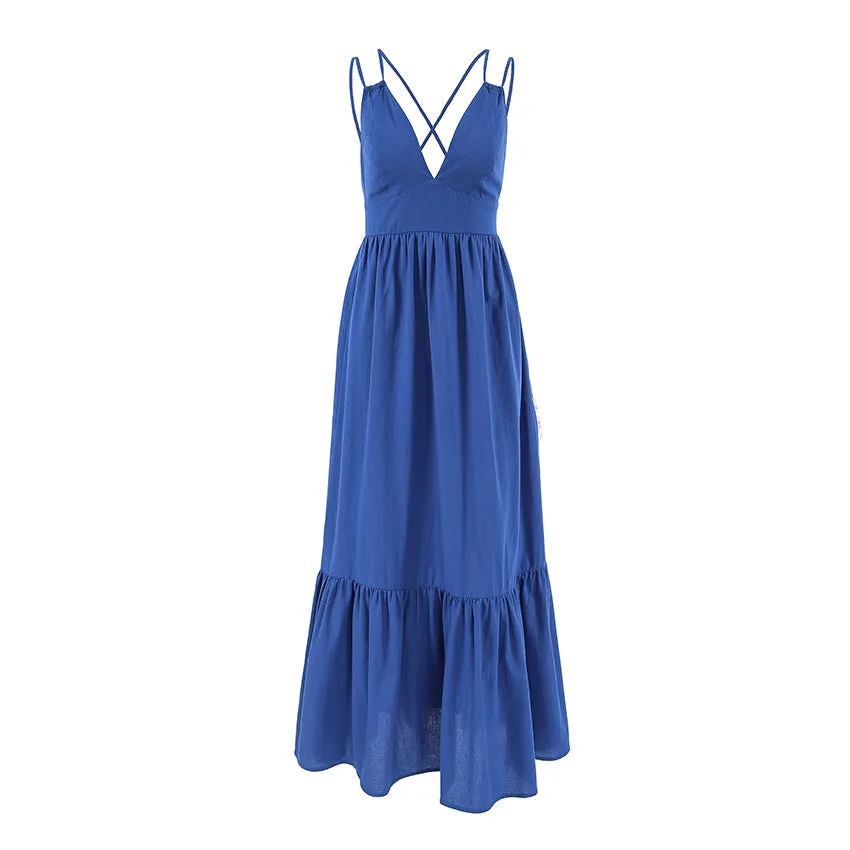 Womens Maxi Dress  Cotton Linen Blend  Sleeveless V-Neck  Tiered A-Line Fit