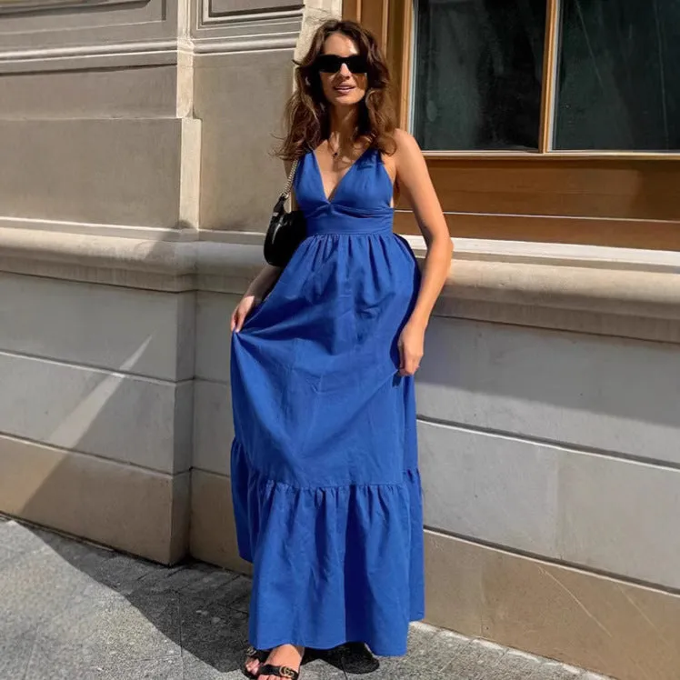 Womens Maxi Dress  Cotton Linen Blend  Sleeveless V-Neck  Tiered A-Line Fit