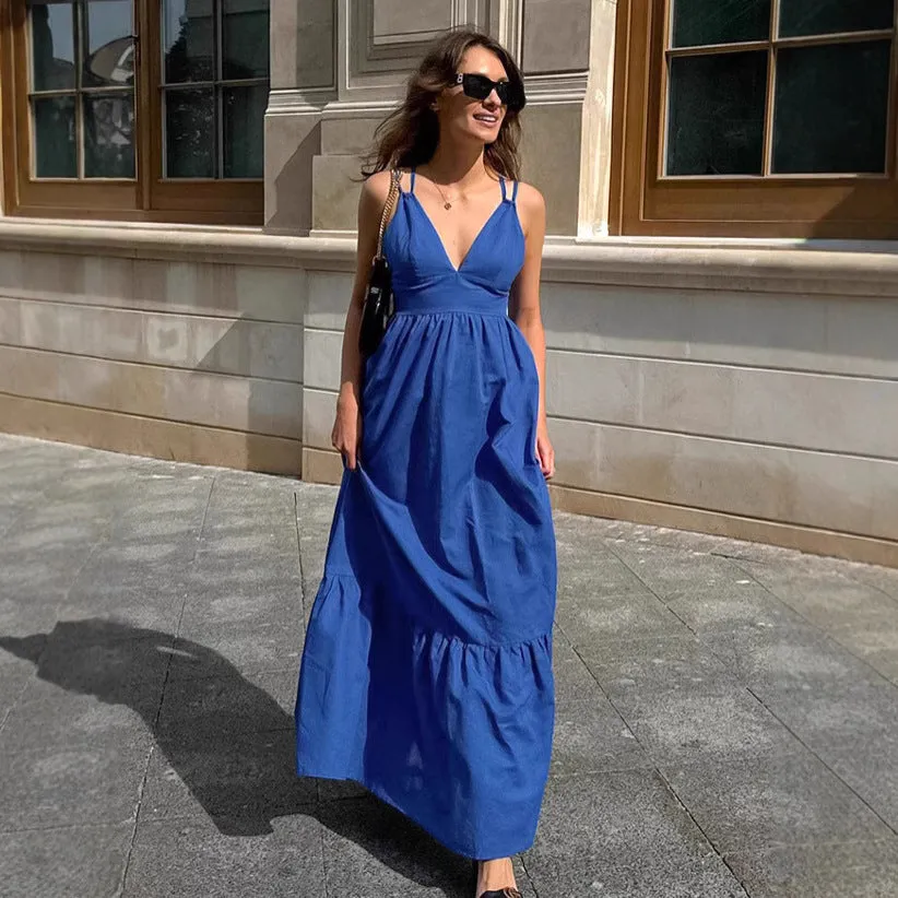 Womens Maxi Dress  Cotton Linen Blend  Sleeveless V-Neck  Tiered A-Line Fit