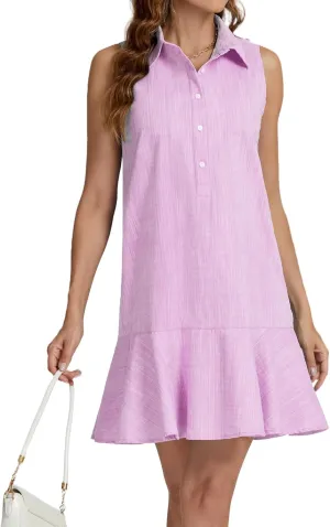 Womens Sleeveless Shirt Dress Ruffle Hem Cotton Tunic Tank Dress Button Up Swing Shift Mini Dresses
